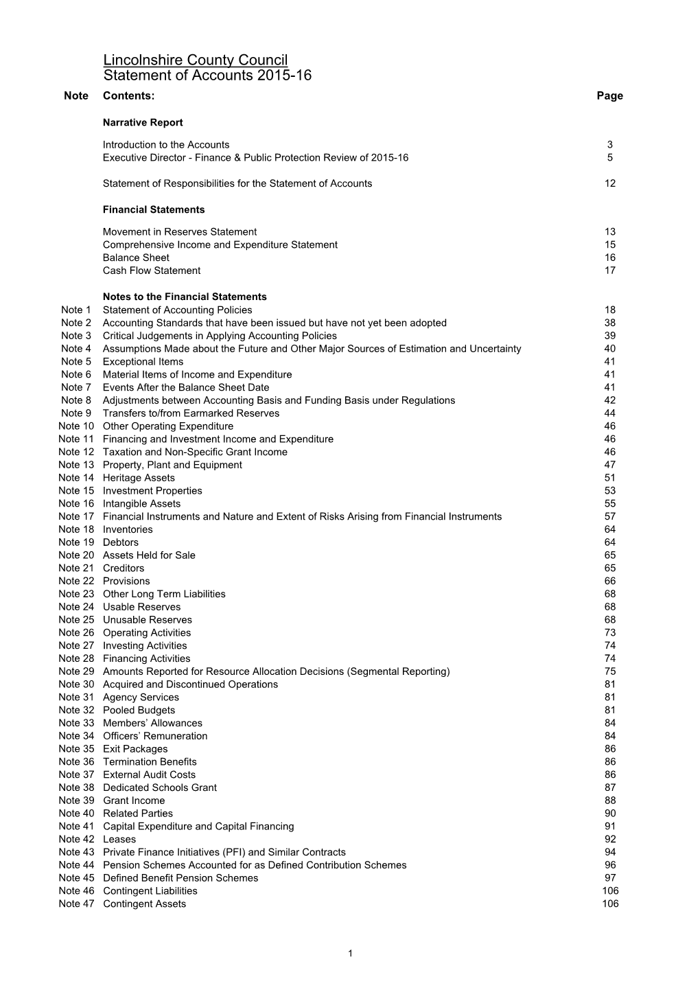 Statement of Accounts 2015-16 Note Contents: Page