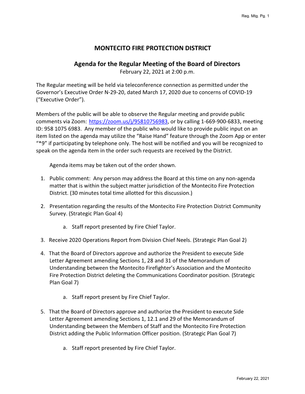 MONTECITO FIRE PROTECTION DISTRICT Agenda for the Regular Meeting of the Board of Directors