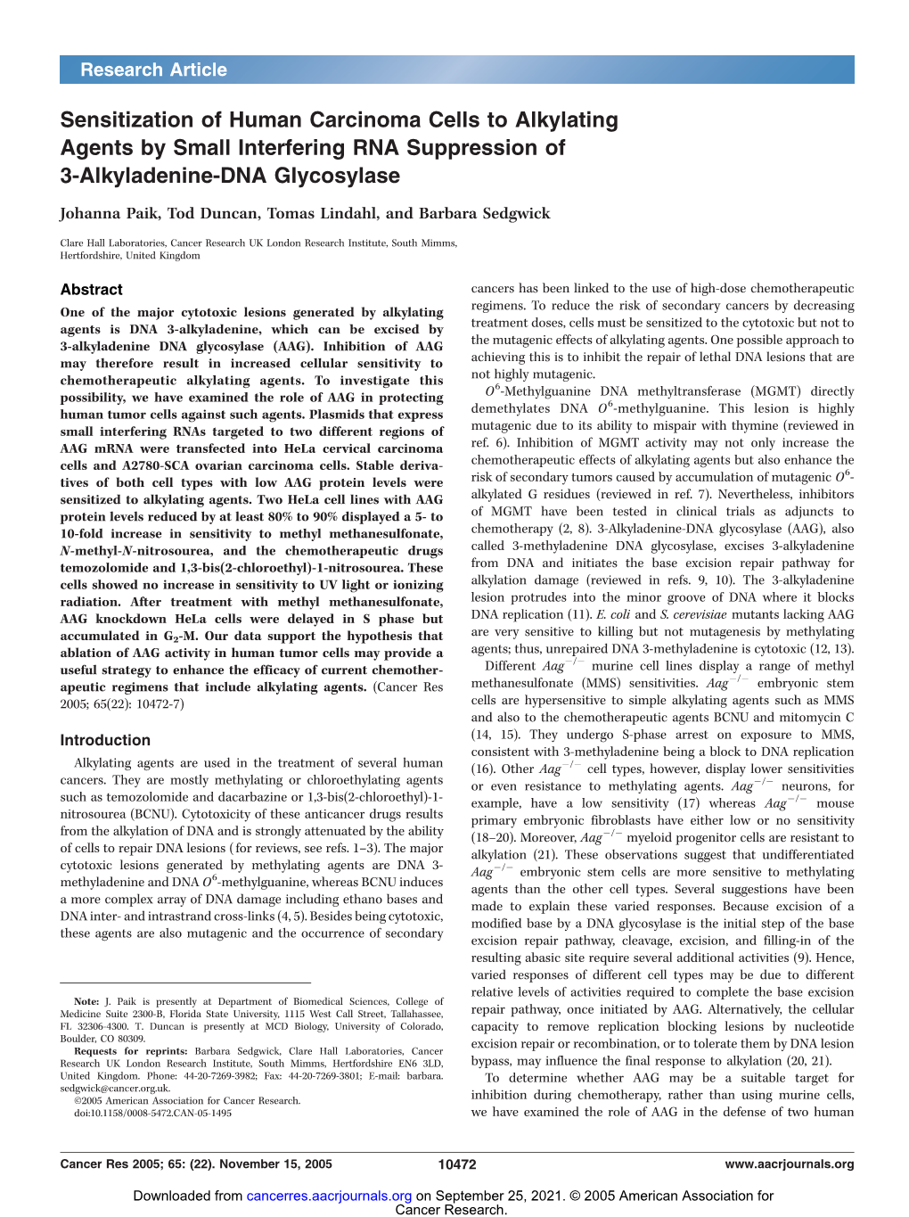 Sensitization of Human Carcinoma Cells to Alkylating Agents by Small Interfering RNA Suppression of 3-Alkyladenine-DNA Glycosylase