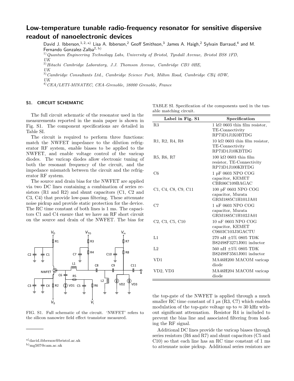 Low-Temperature Tunable Radio-Frequency Resonator for Sensitive Dispersive Readout of Nanoelectronic Devices David J