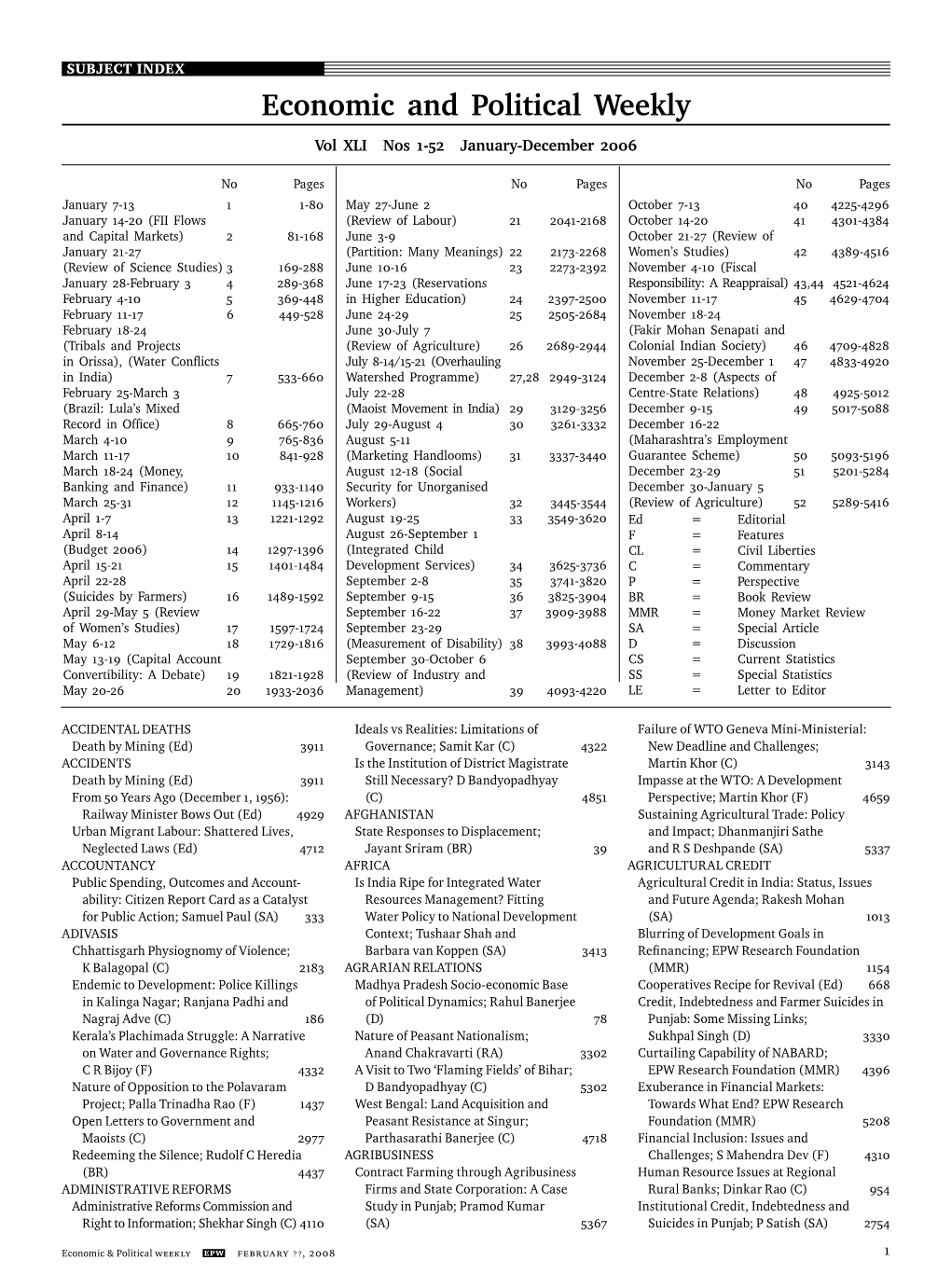 Subject Index Economic and Political Weekly Vol XLI Nos 1-52 January-December 2006