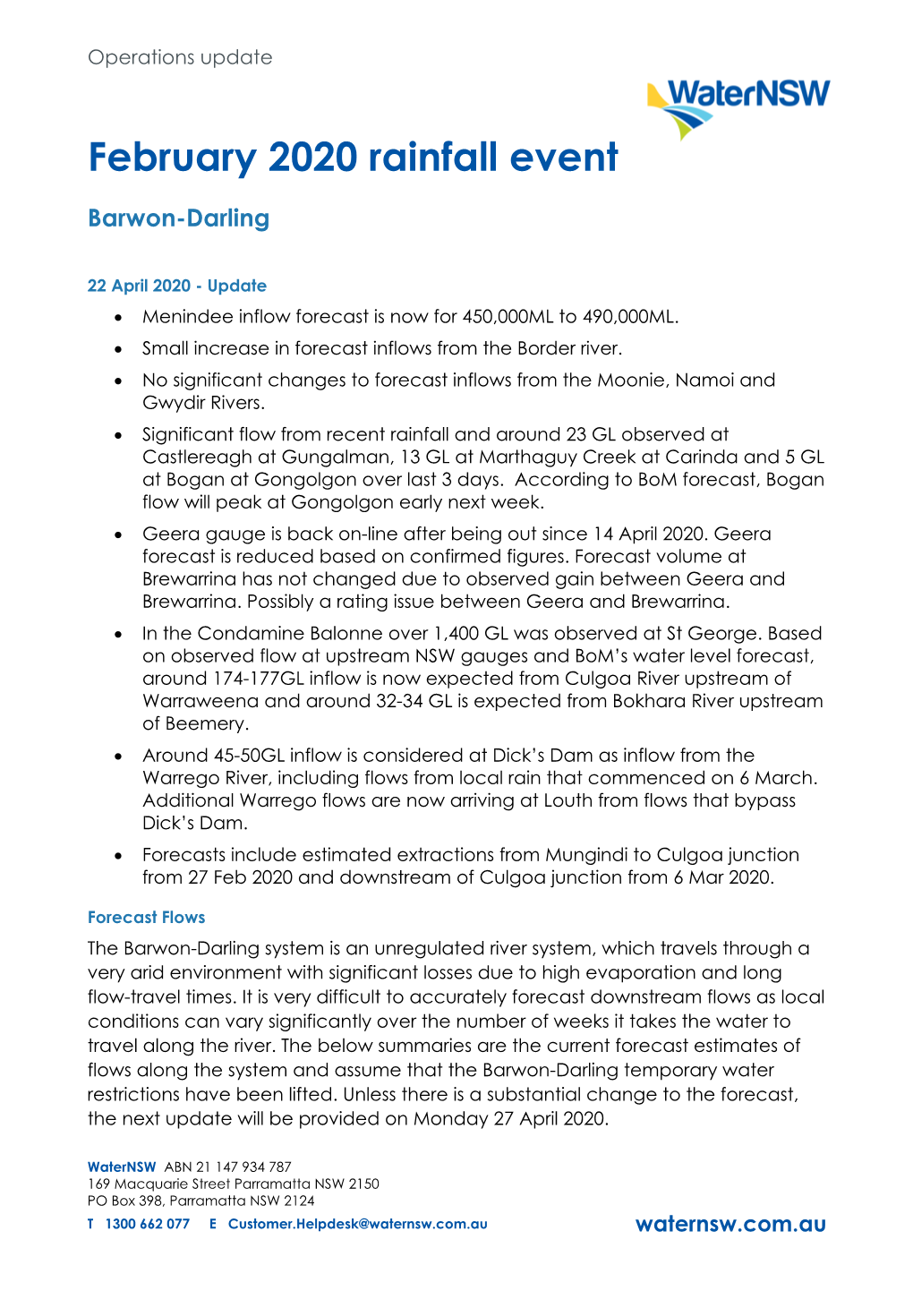 February 2020 Rainfall Event Barwon-Darling