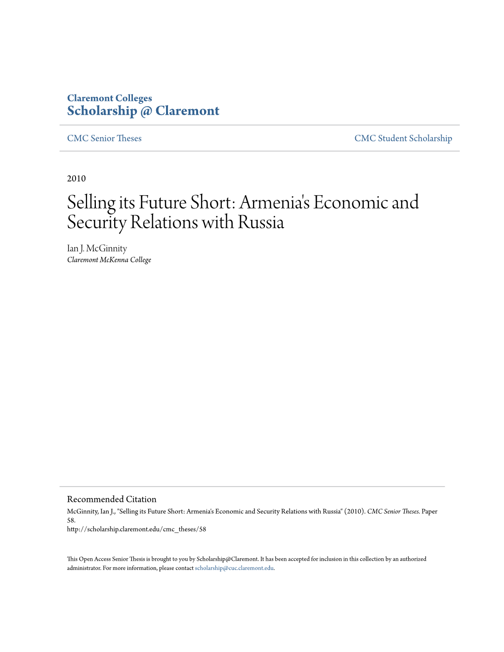 Armenia's Economic and Security Relations with Russia Ian J