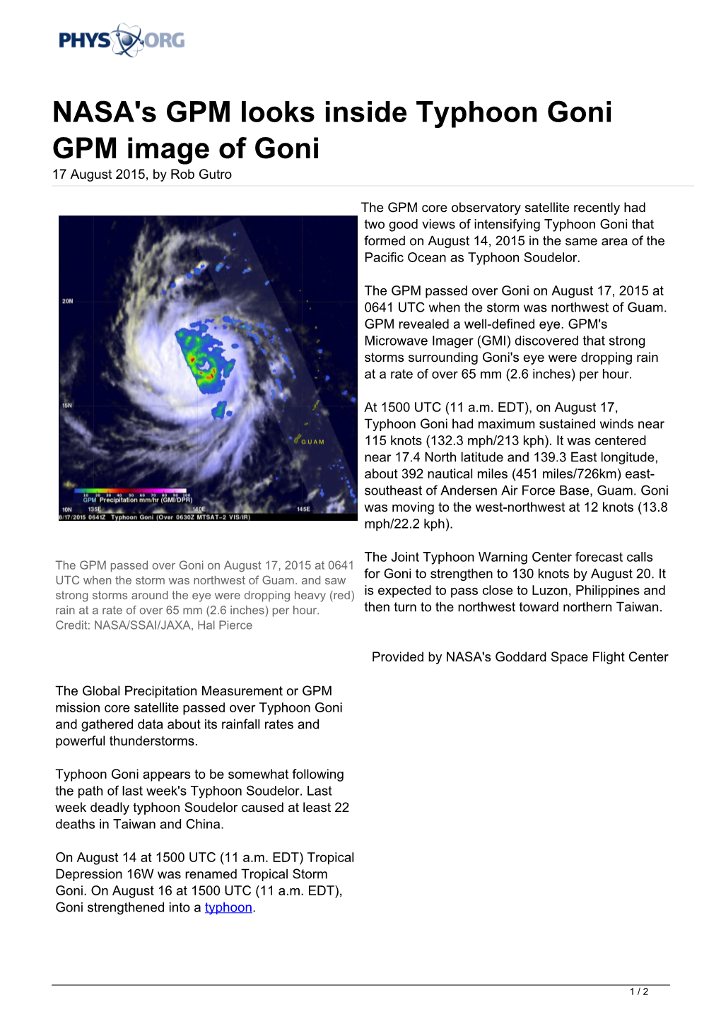 NASA's GPM Looks Inside Typhoon Goni GPM Image of Goni 17 August 2015, by Rob Gutro