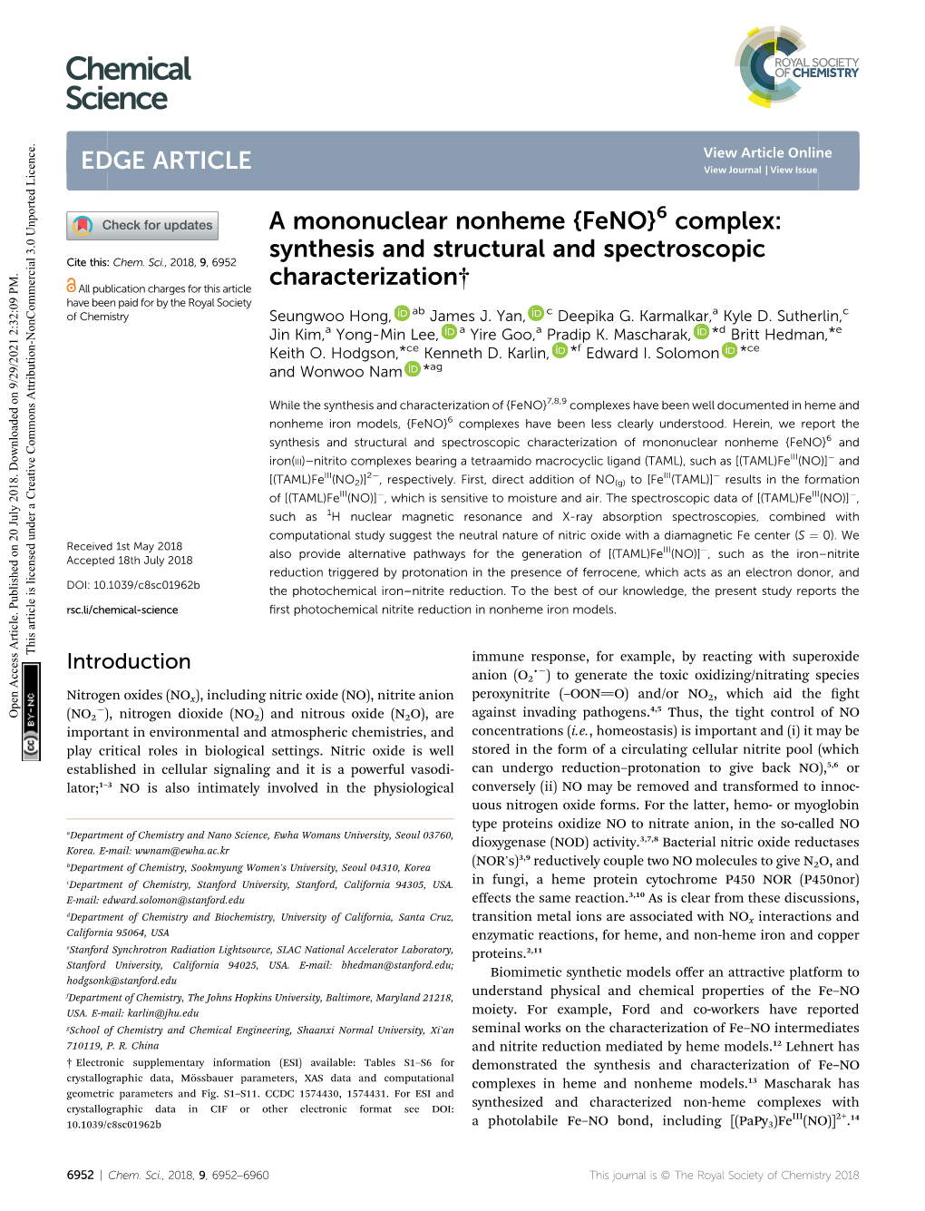 A Mononuclear Nonheme {Feno}6 Complex: Synthesis and Structural and Spectroscopic Characterization