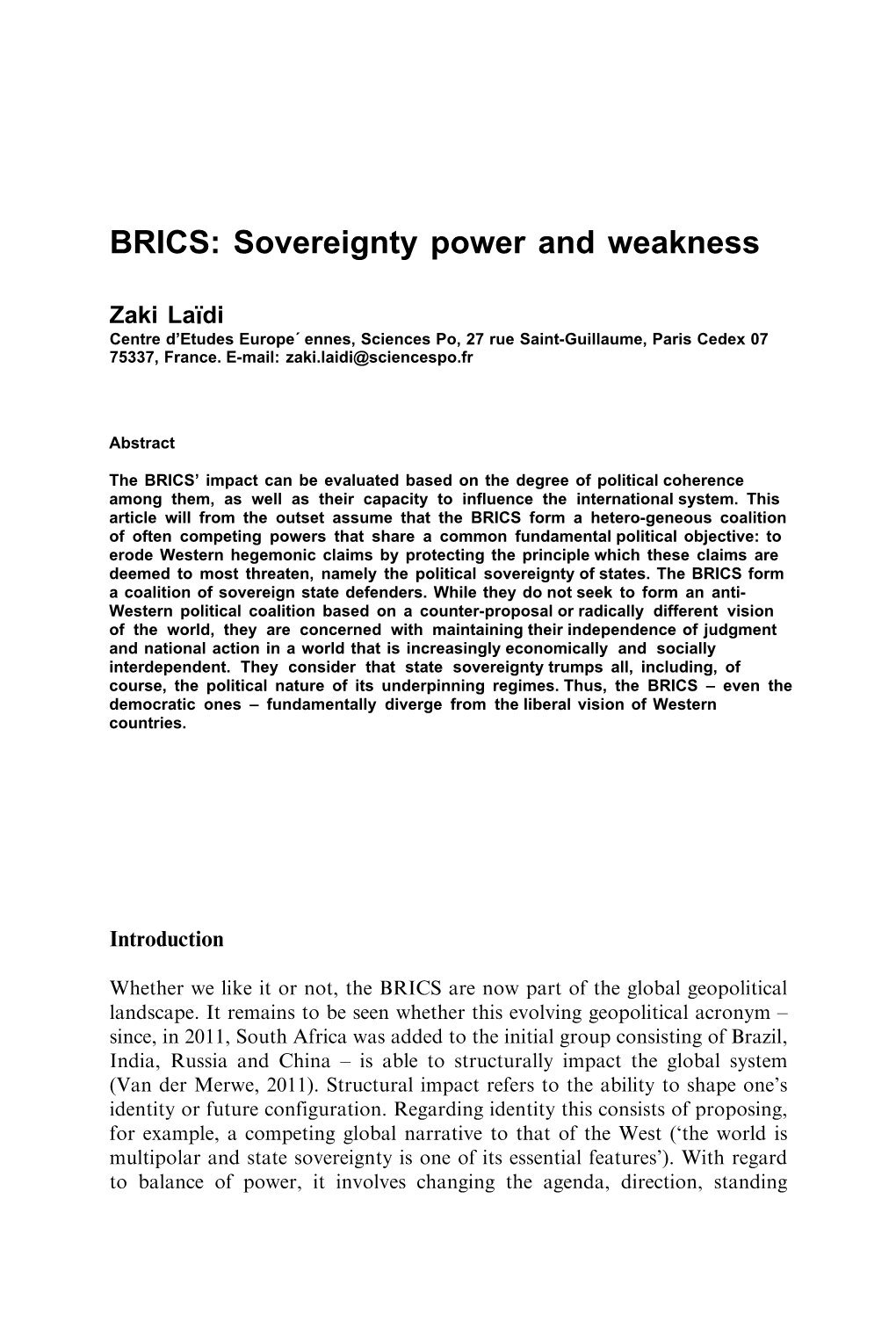 BRICS: Sovereignty Power and Weakness