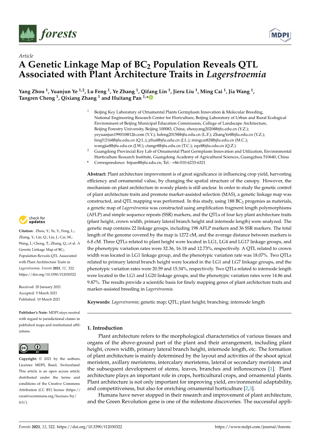 A Genetic Linkage Map of BC2 Population Reveals QTL Associated with Plant Architecture Traits in Lagerstroemia