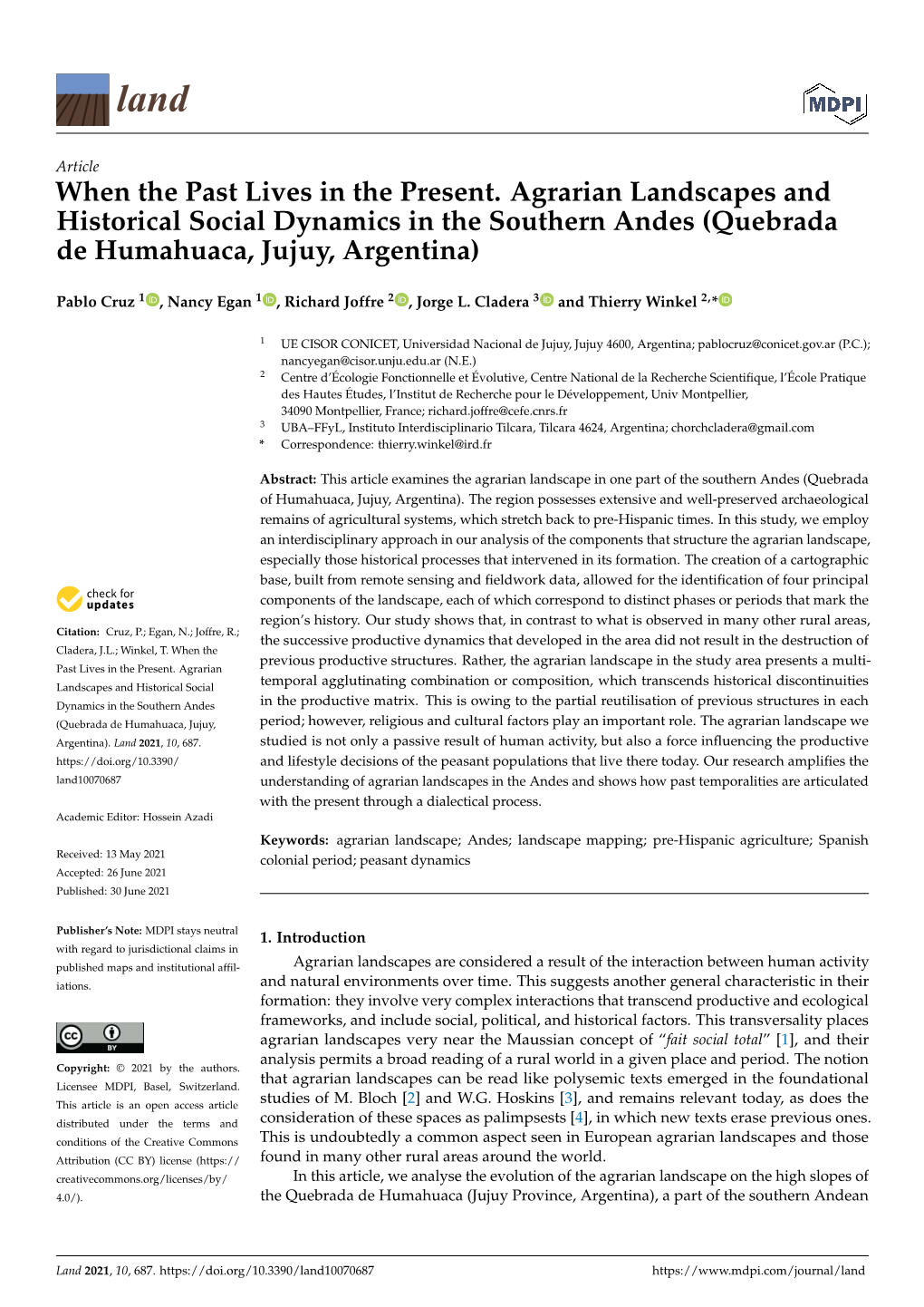Agrarian Landscapes and Historical Social Dynamics in the Southern Andes (Quebrada De Humahuaca, Jujuy, Argentina)