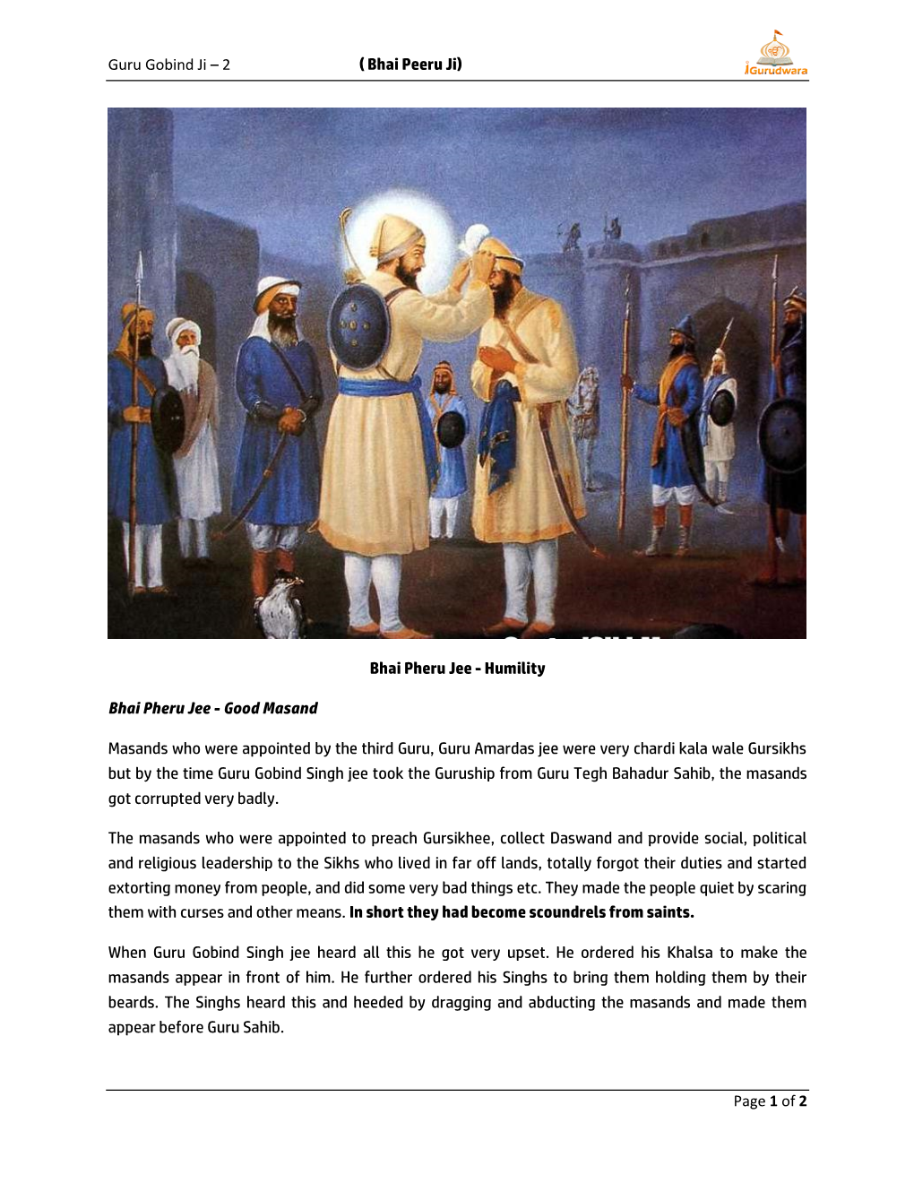 Guru Gobind Ji – 2 ( Bhai Peeru Ji) Page 1 of 2 Bhai Pheru