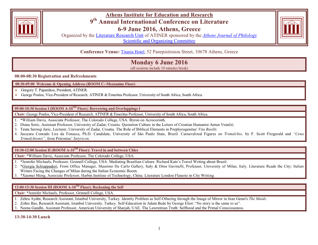 Annual International Conference on Literature 6-9 June 2016, Athens