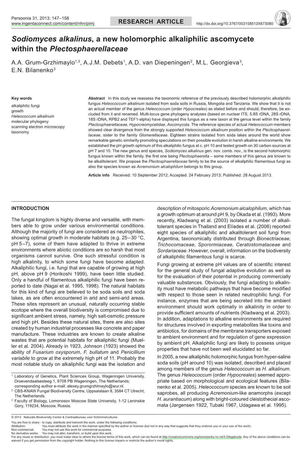 &lt;I&gt;Sodiomyces Alkalinus&lt;/I&gt;, a New Holomorphic Alkaliphilic