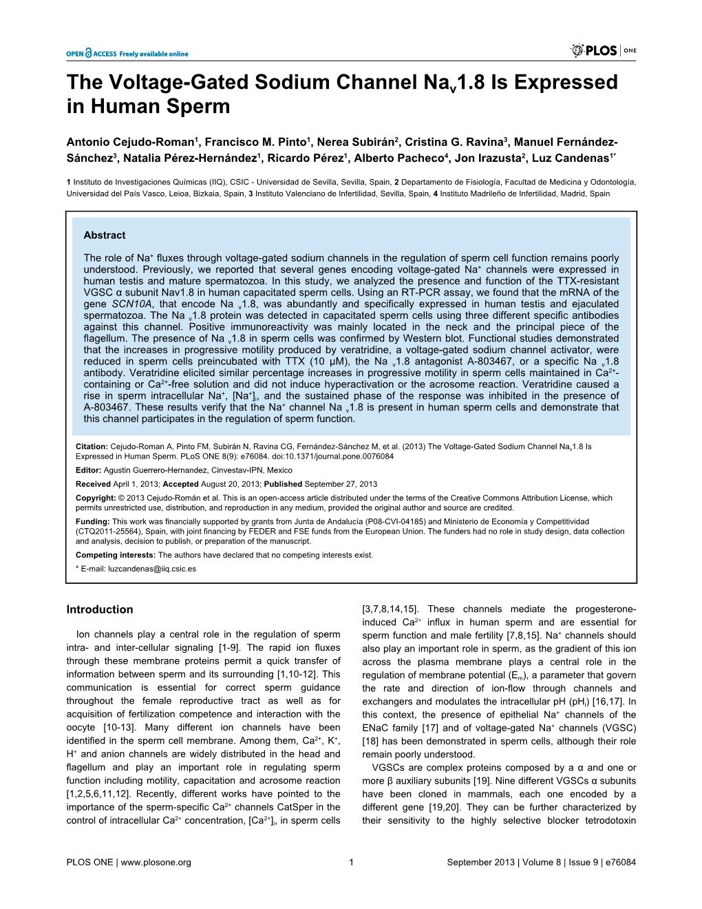 The Voltage-Gated Sodium Channel Nav1.8 Is Expressed in Human Sperm