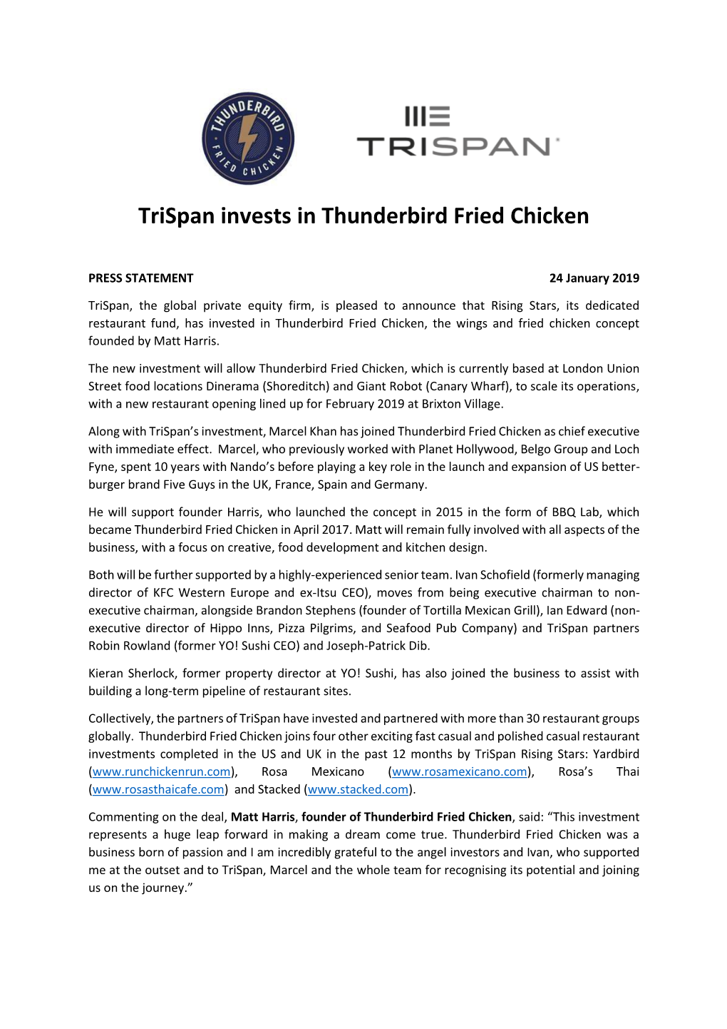 Trispan Invests in Thunderbird Fried Chicken