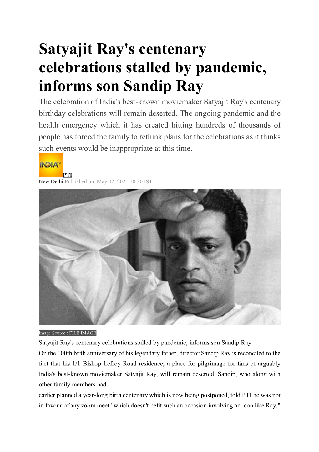 Satyajit Ray's Centenary Celebrations Stalled by Pandemic, Informs Son