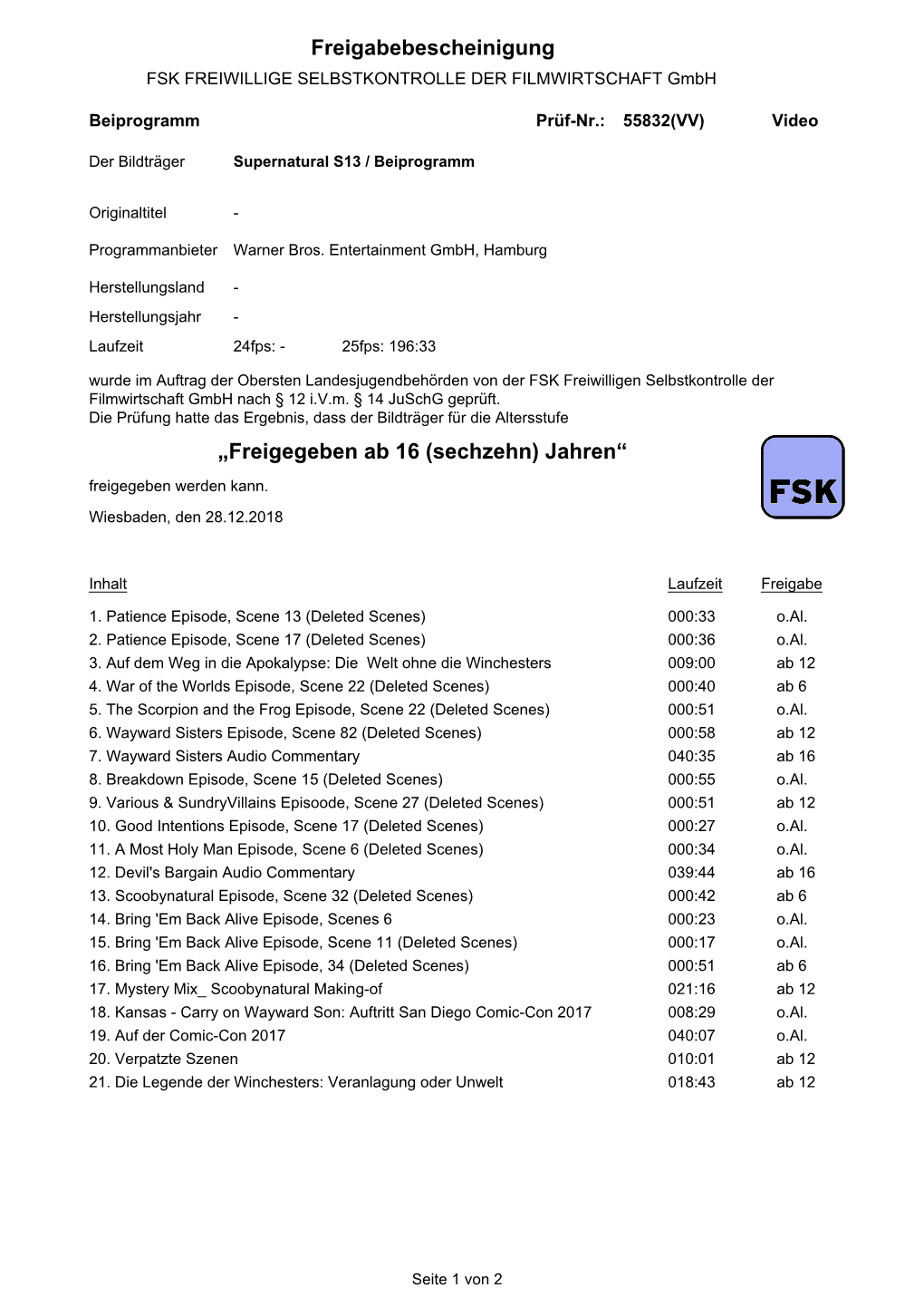 Freigabebescheinigung „Freigegeben Ab 16 (Sechzehn) Jahren“