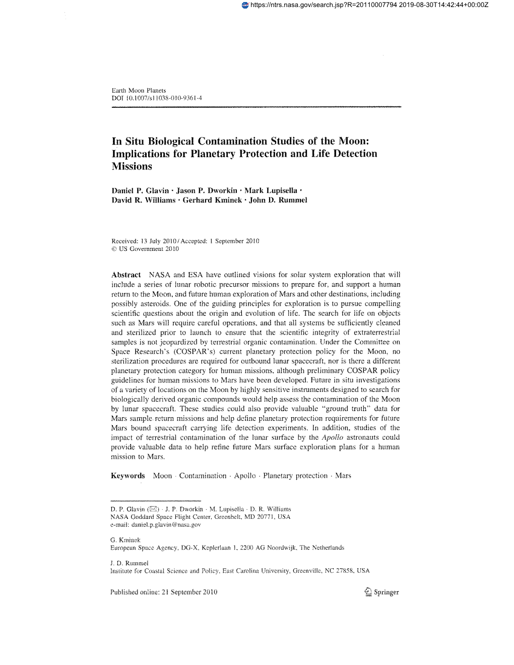 In Situ Biological Contamination Studies of the Moon; Implications for Planetary Protection and Life Detection Missions