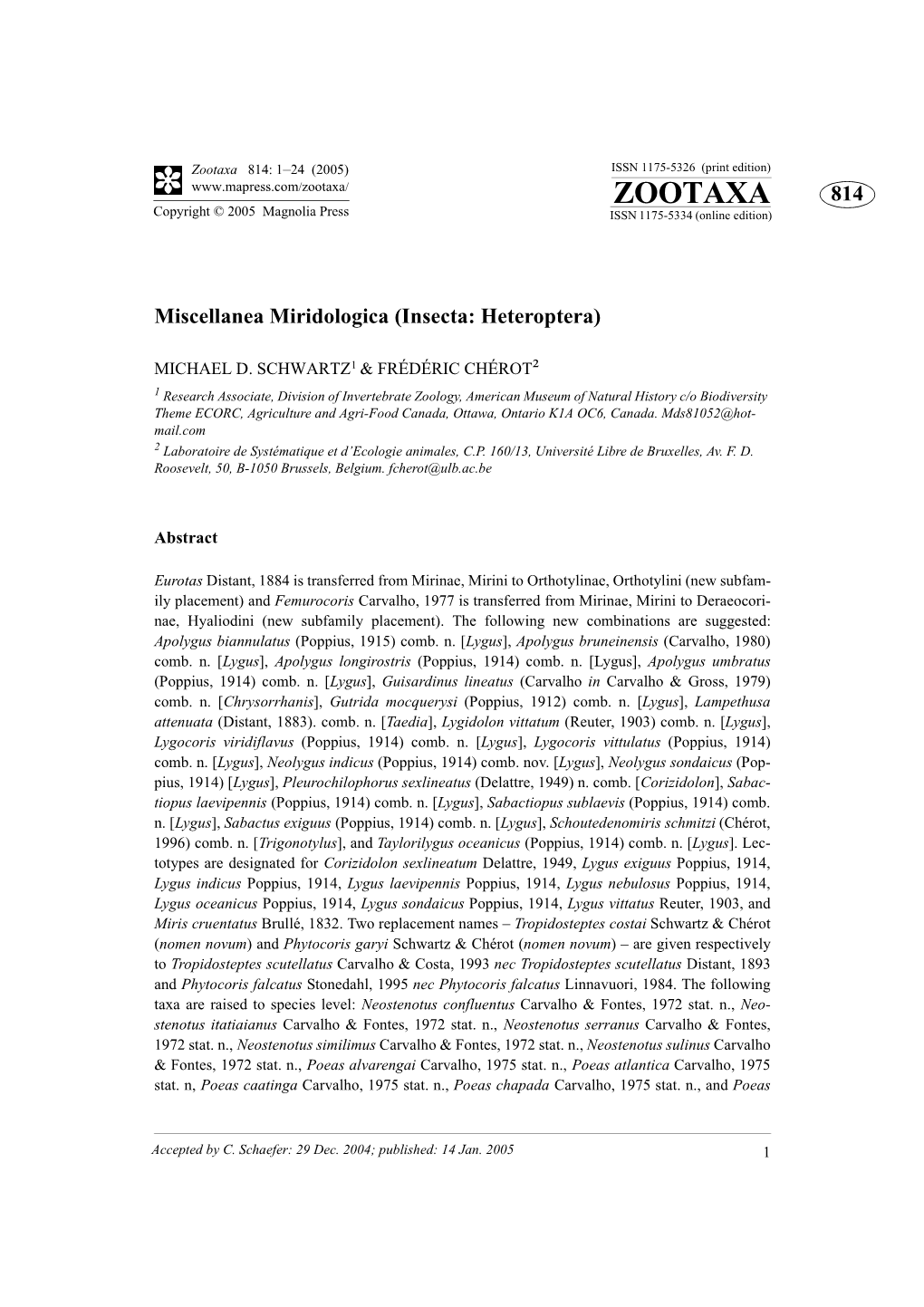 Zootaxa, Heteroptera, Miridae, Taxonomy