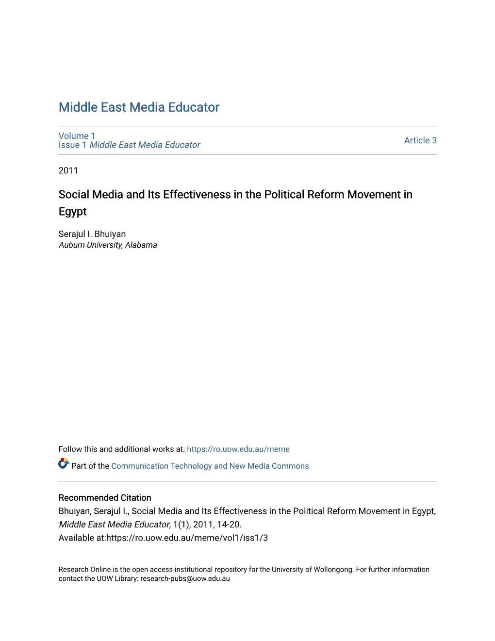 Social Media and Its Effectiveness in the Political Reform Movement in Egypt