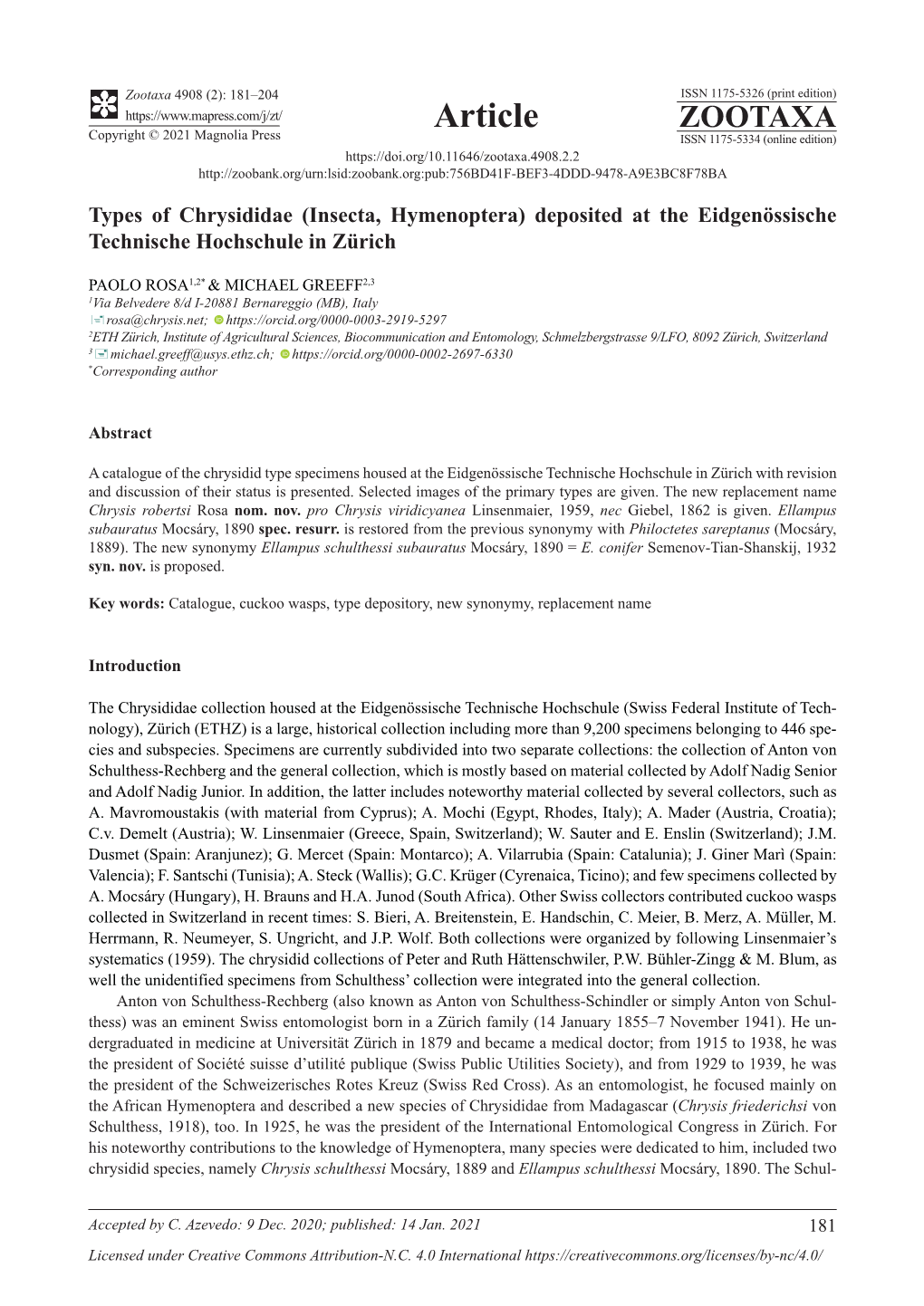 Types of Chrysididae (Insecta, Hymenoptera) Deposited at the Eidgenössische Technische Hochschule in Zürich