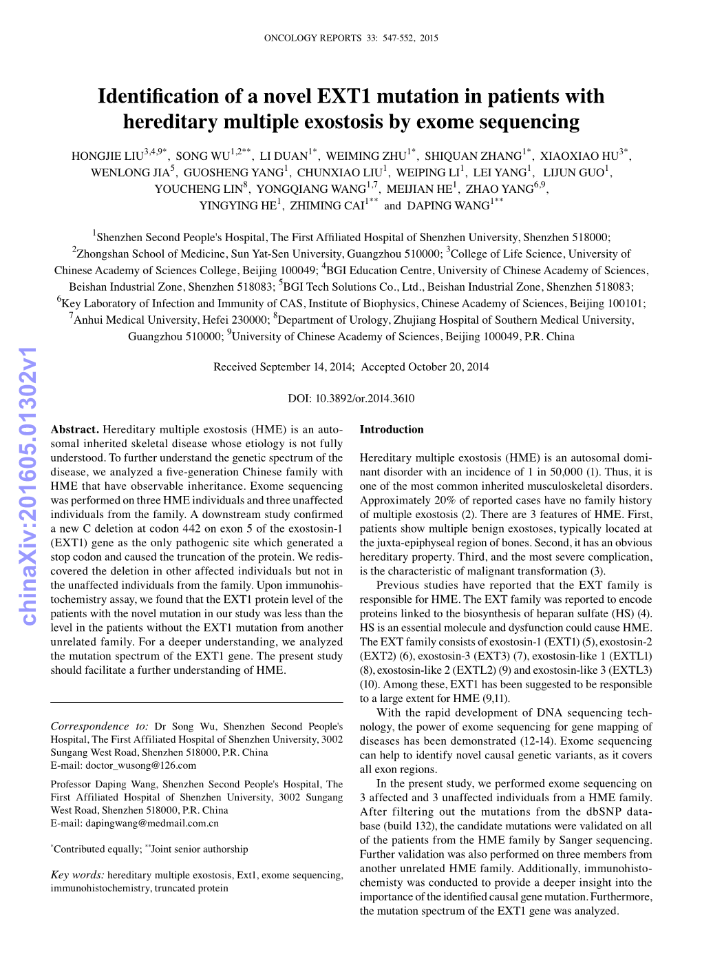 Identification of a Novel EXT1 Mutation in Patients with Hereditary Multiple Exostosis by Exome Sequencing