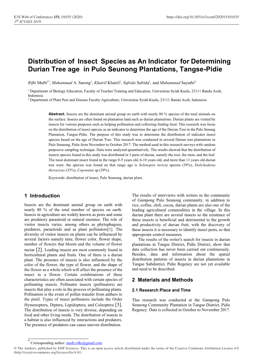 Distribution of Insect Species As an Indicator for Determining Durian Tree Age in Pulo Seunong Plantations, Tangse-Pidie