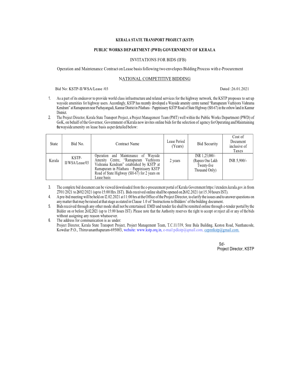 Pwd) Government of Kerala Invitations for Bids (Ifb