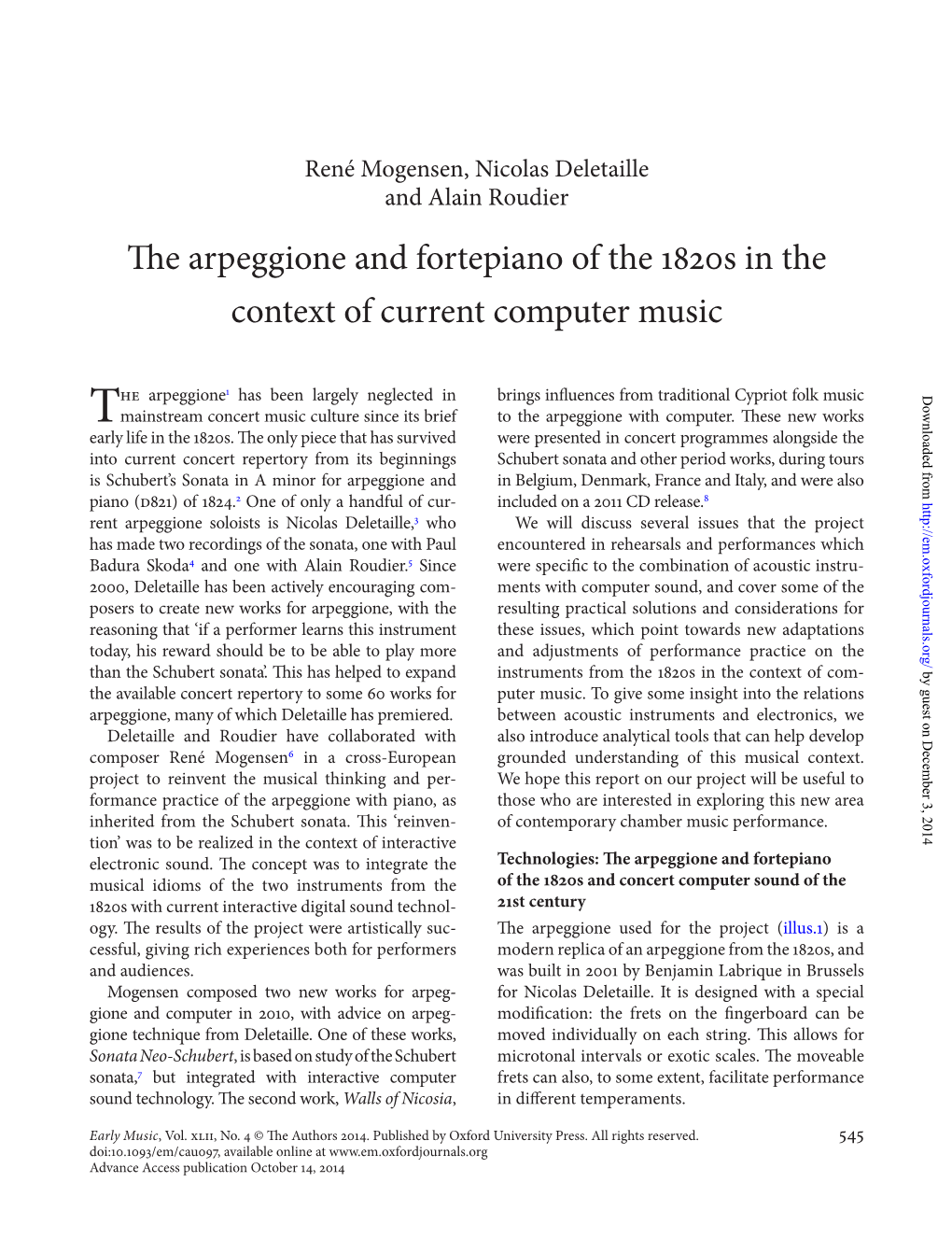 The Arpeggione and Fortepiano of the 1820S in the Context of Current Computer Music