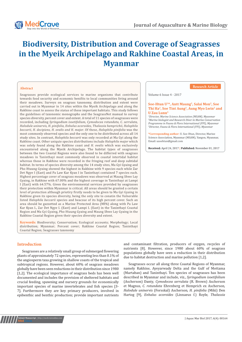 Biodiversity, Distribution and Coverage of Seagrasses in the Myeik Archipelago and Rakhine Coastal Areas, in Myanmar