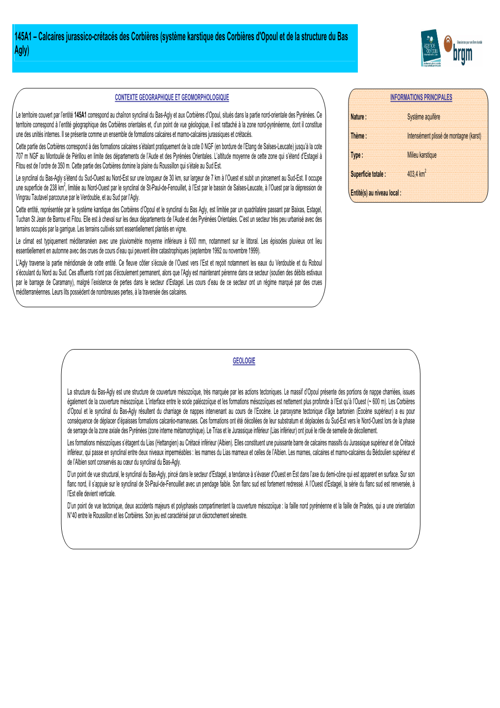 145A1 – Calcaires Jurassico-Crétacés Des Corbières (Système Karstique Des Corbières D'opoul Et De La Structure Du Bas Agly)