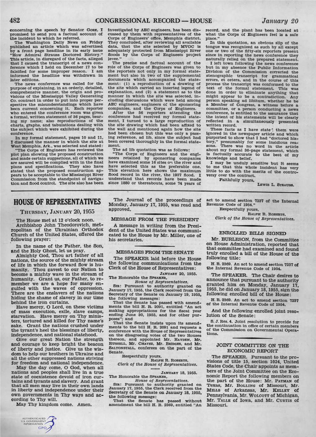 HOUSE of REPRESENTATIVES Monday, January 17, 1955, Was Read and Revenue Code of 1954." Approved