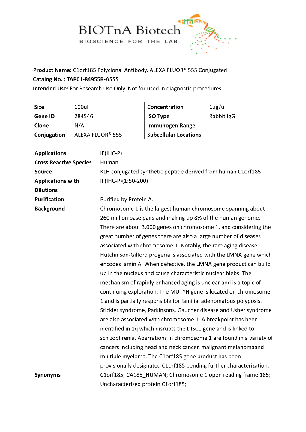 Product Name: C1orf185 Polyclonal Antibody, ALEXA FLUOR® 555 Conjugated Catalog No