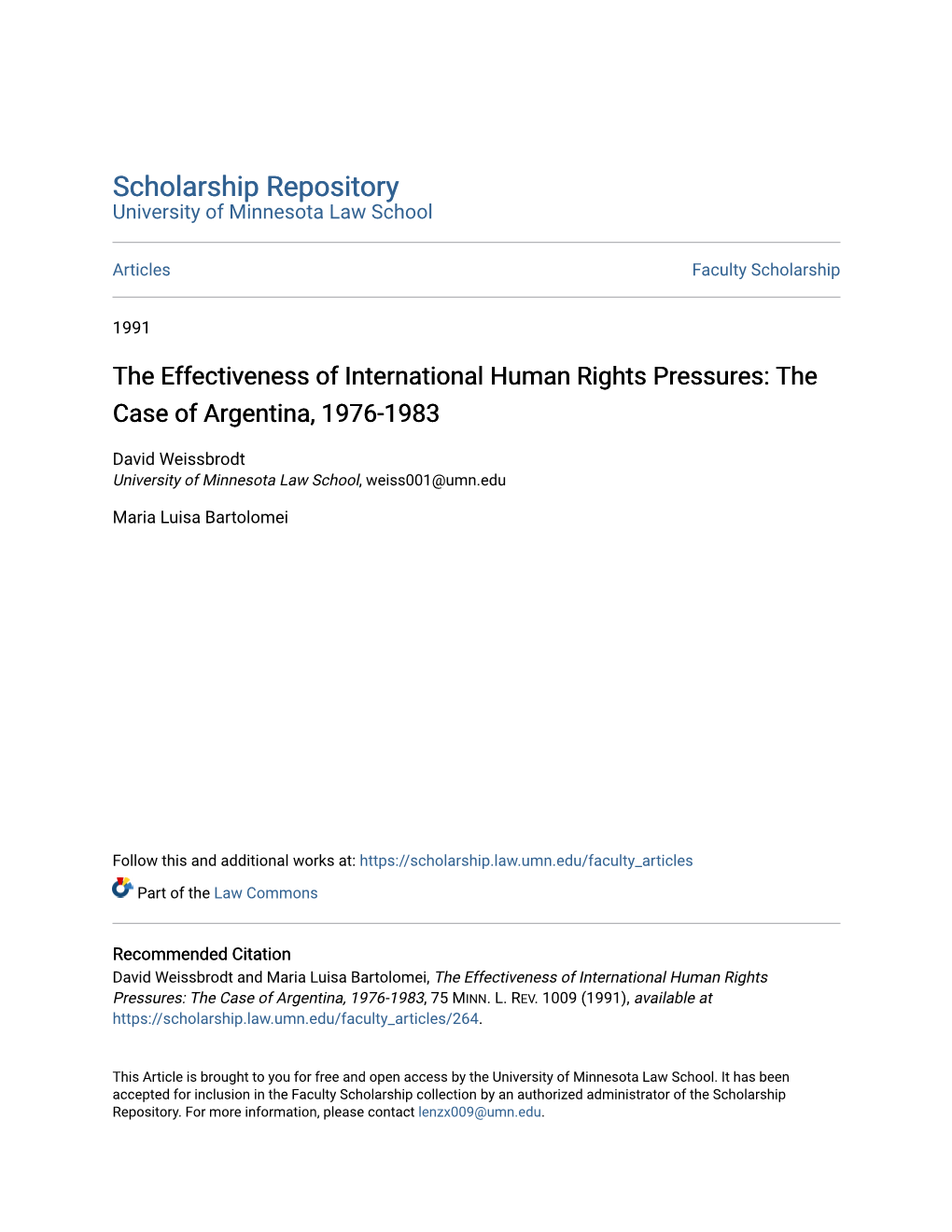 The Effectiveness of International Human Rights Pressures: the Case of Argentina, 1976-1983