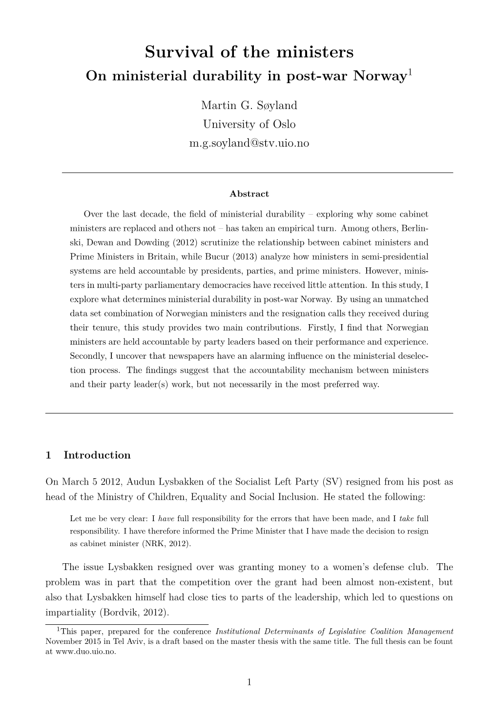 Survival of the Ministers: on Ministerial Durability in Post-War Norway