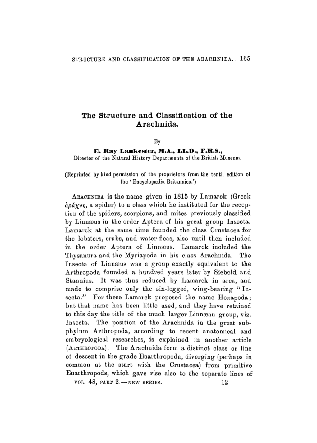 The Structure and Classification of the Arachnida