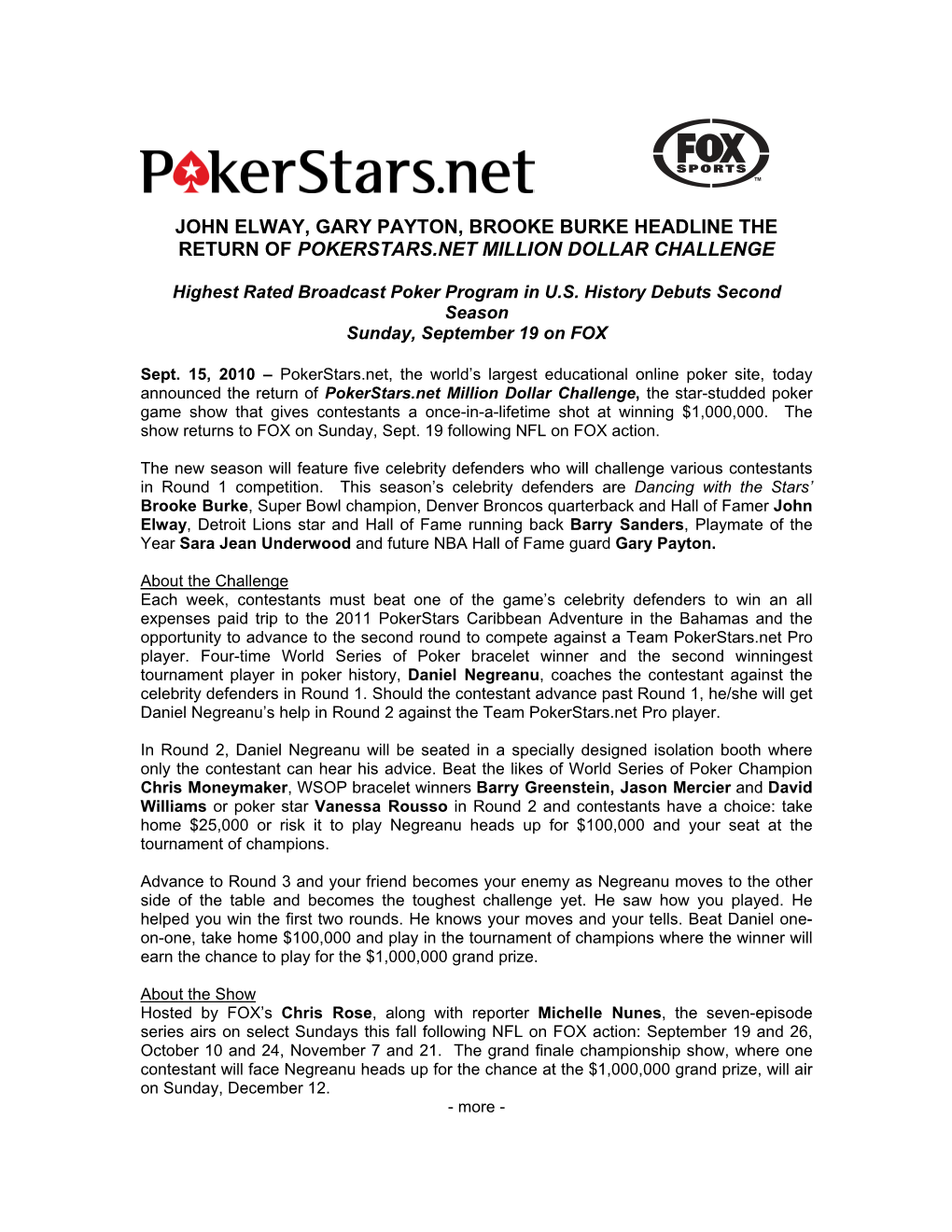 John Elway, Gary Payton, Brooke Burke Headline the Return of Pokerstars.Net Million Dollar Challenge