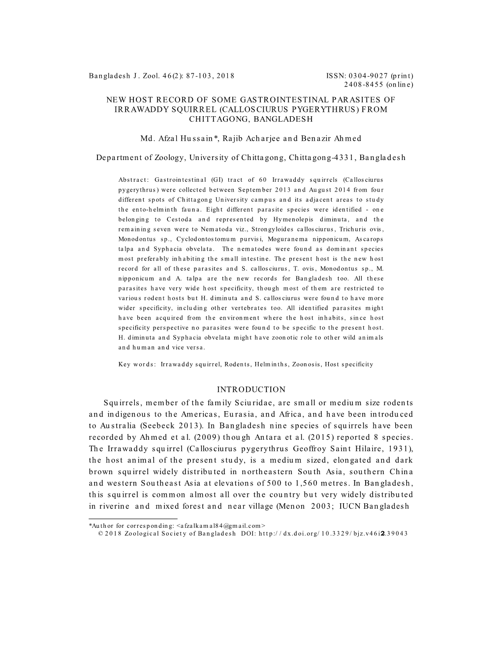 New Host Record of Some Gastrointestinal Parasites of Irrawaddy Squirrel (Callosciurus Pygerythrus) from Chittagong, Bangladesh