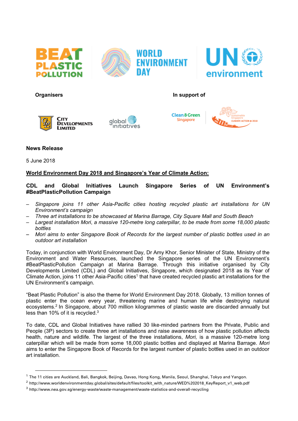 News Release World Environment Day 2018 and Singapore's Year of Climate Action