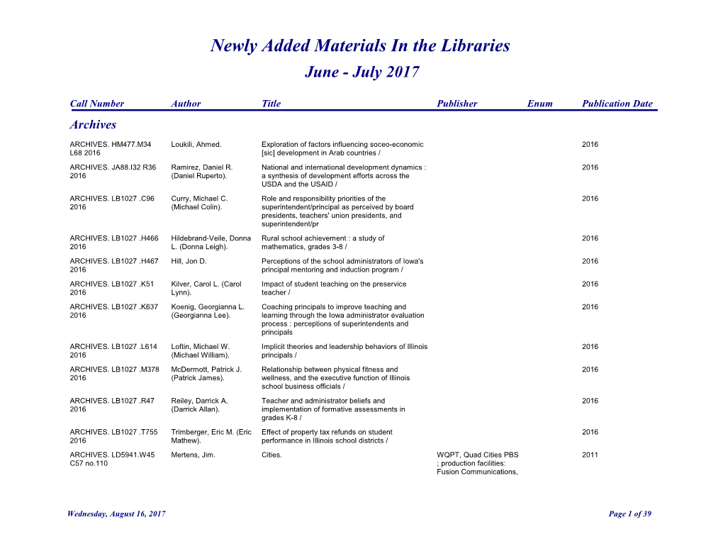 Newly Added Materials in the Libraries June - July 2017