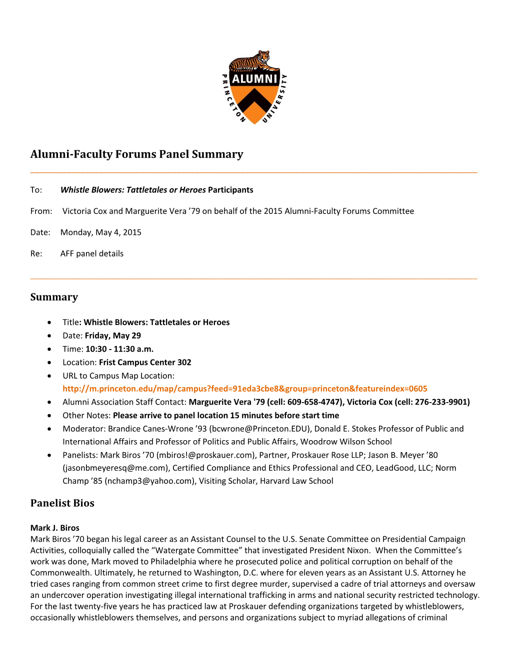 Alumni-Faculty Forums Panel Summary ______