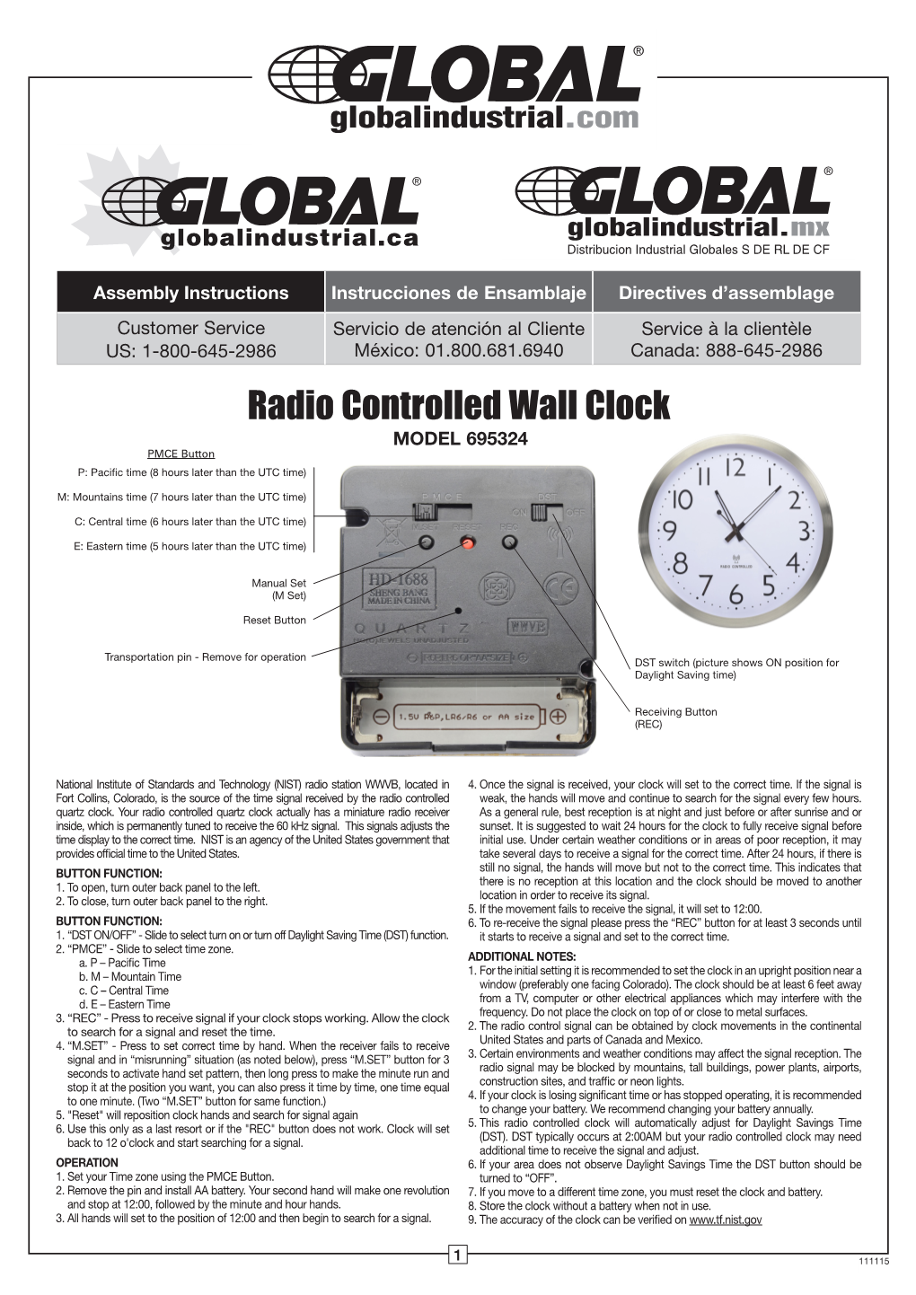 Radio Controlled Wall Clock MODEL 695324 PMCE Button P: Pacific Time (8 Hours Later Than the UTC Time)