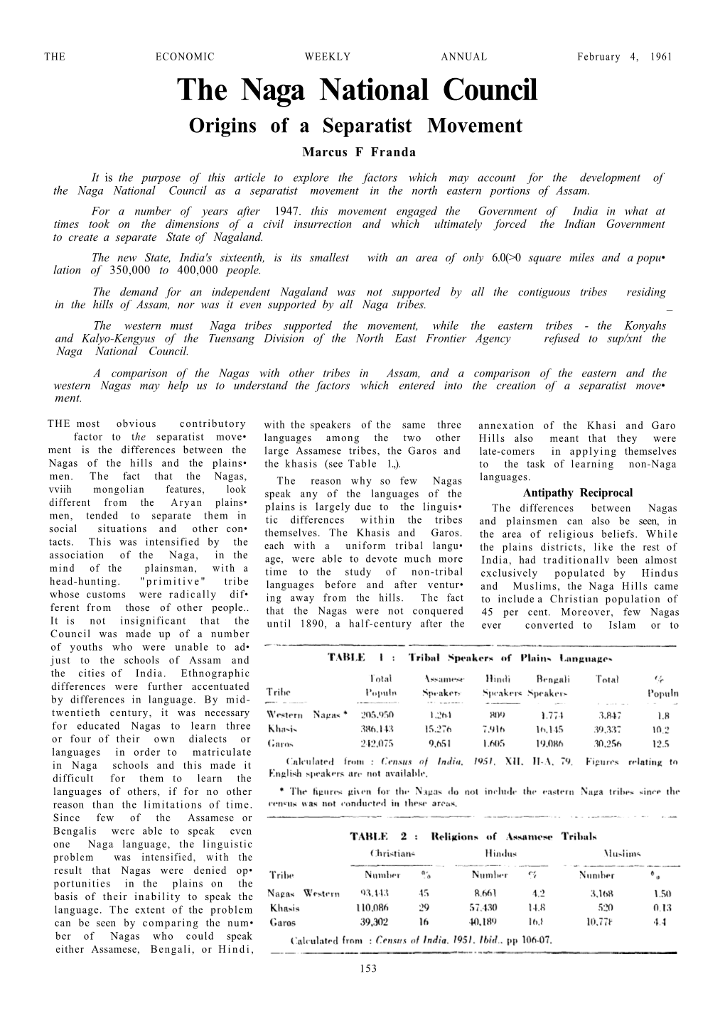 The Naga National Council Origins of a Separatist Movement Marcus F Franda