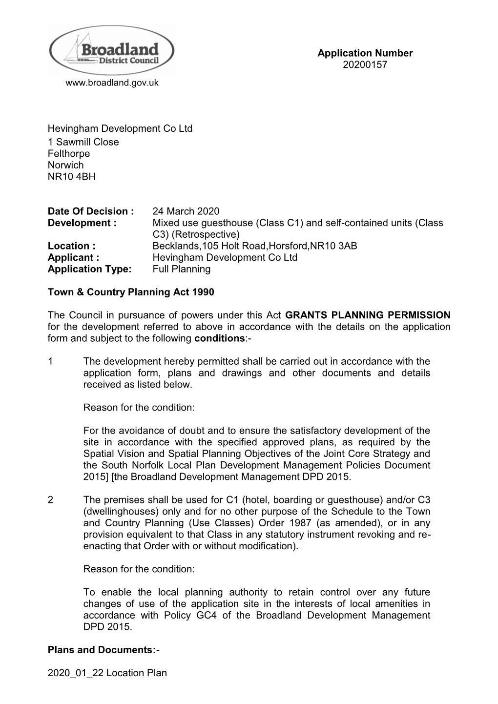 Application Number 20200157 Hevingham Development Co Ltd 1