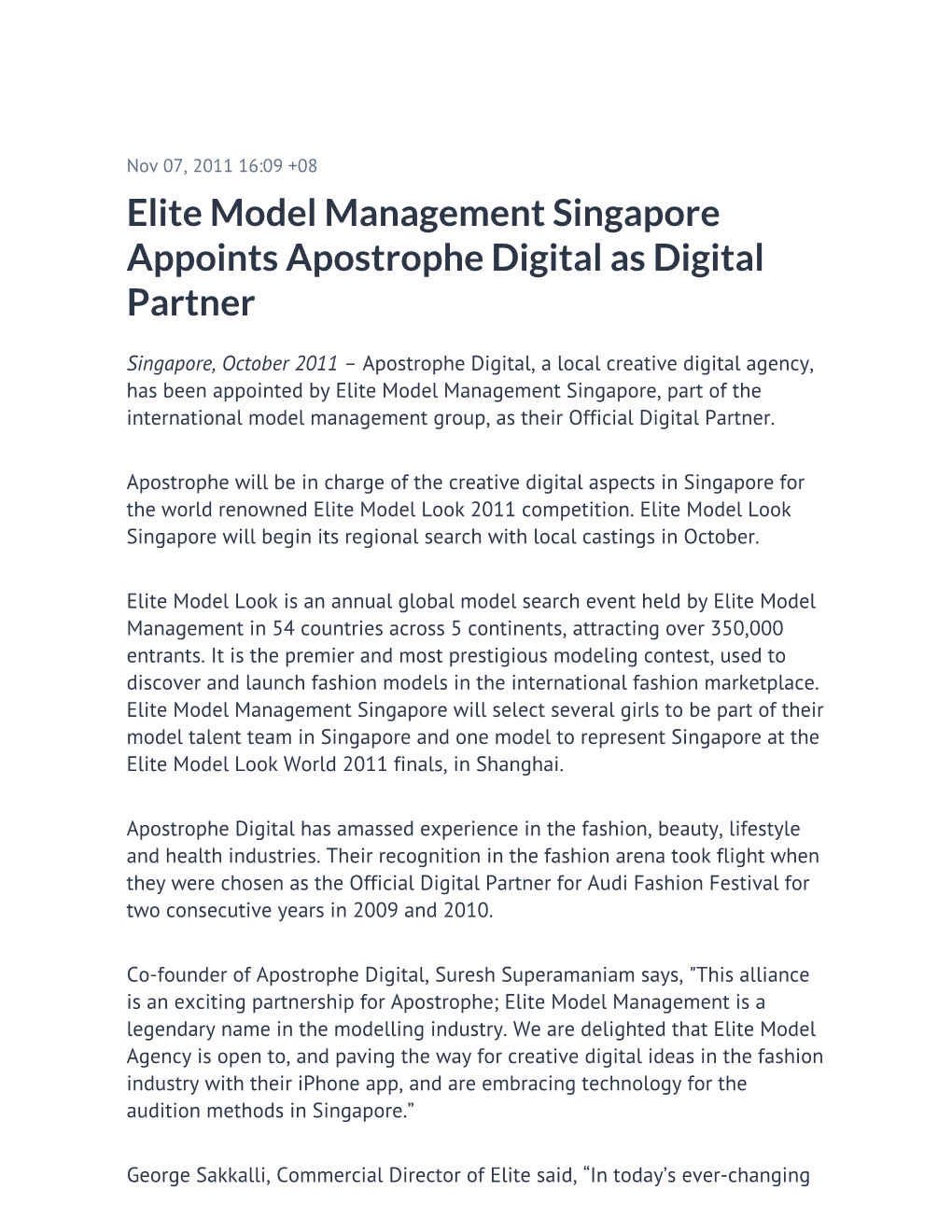 Elite Model Management Singapore Appoints Apostrophe Digital As Digital Partner