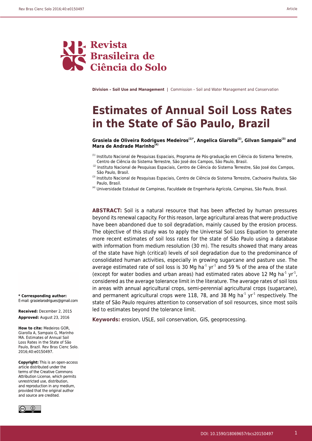 Estimates of Annual Soil Loss Rates in the State of São Paulo, Brazil