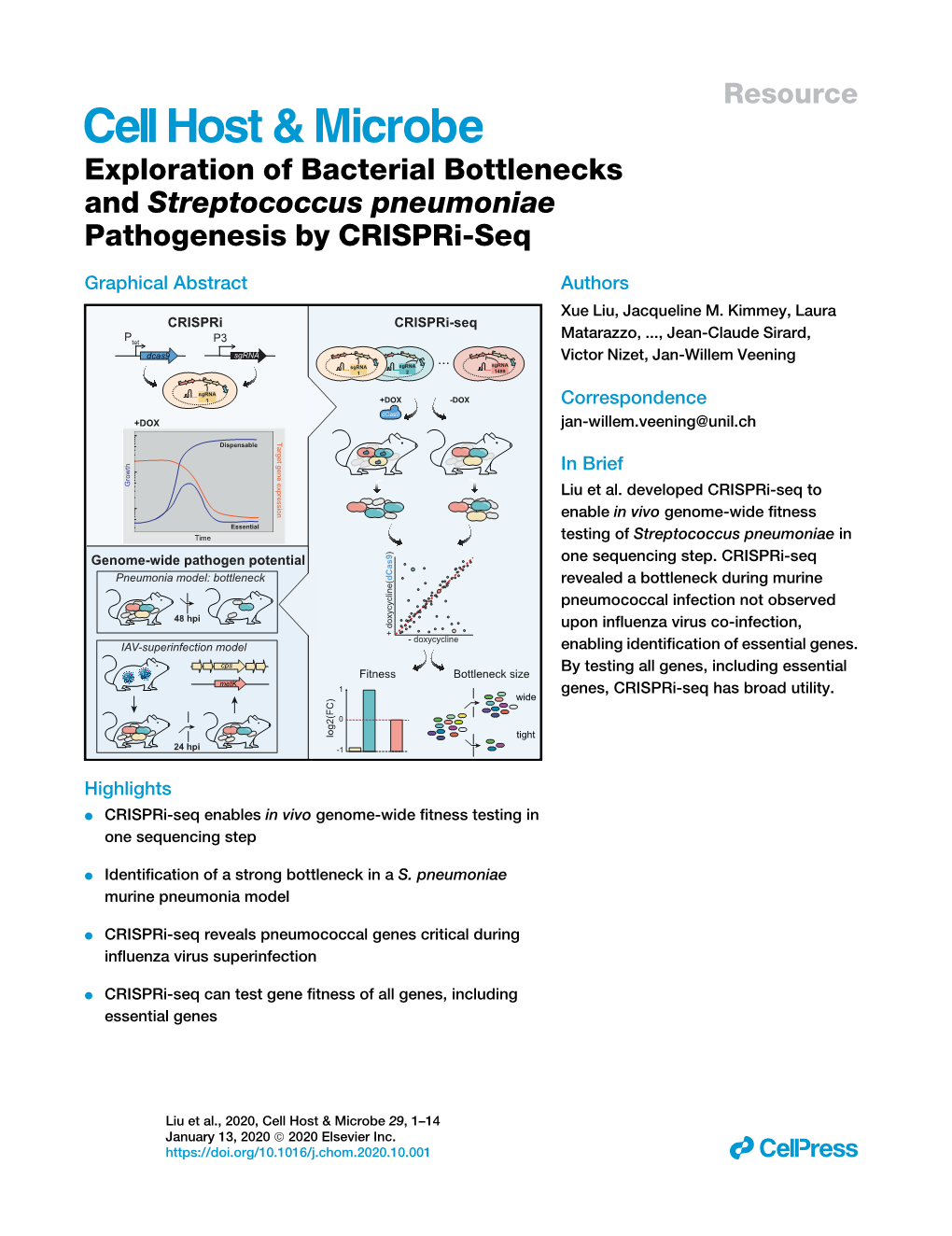 Exploration of Bacterial Bottlenecks and Streptococcus Pneumoniae Pathogenesis by Crispri-Seq