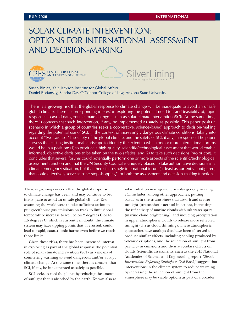 Solar Climate Intervention: Options for International Assessment and Decision-Making