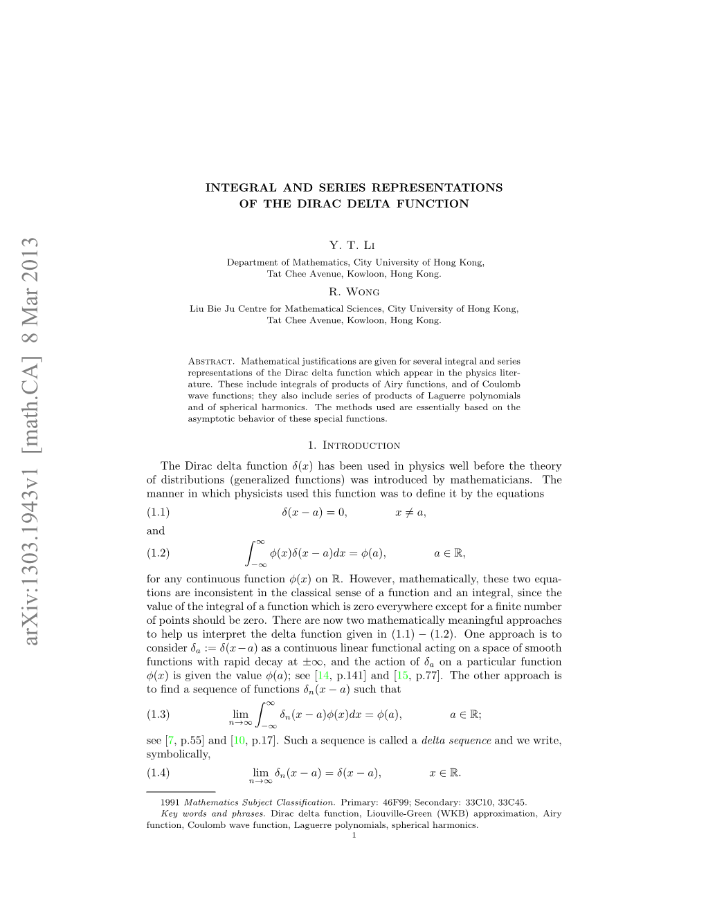 Integral and Series Representations of the Dirac Delta Function