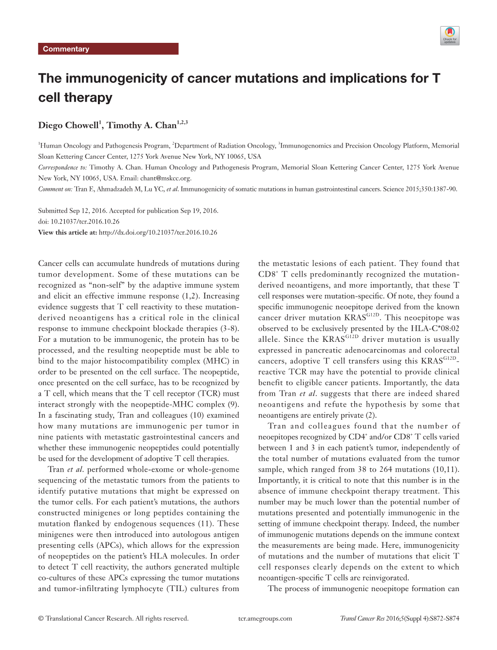 The Immunogenicity of Cancer Mutations and Implications for T Cell Therapy