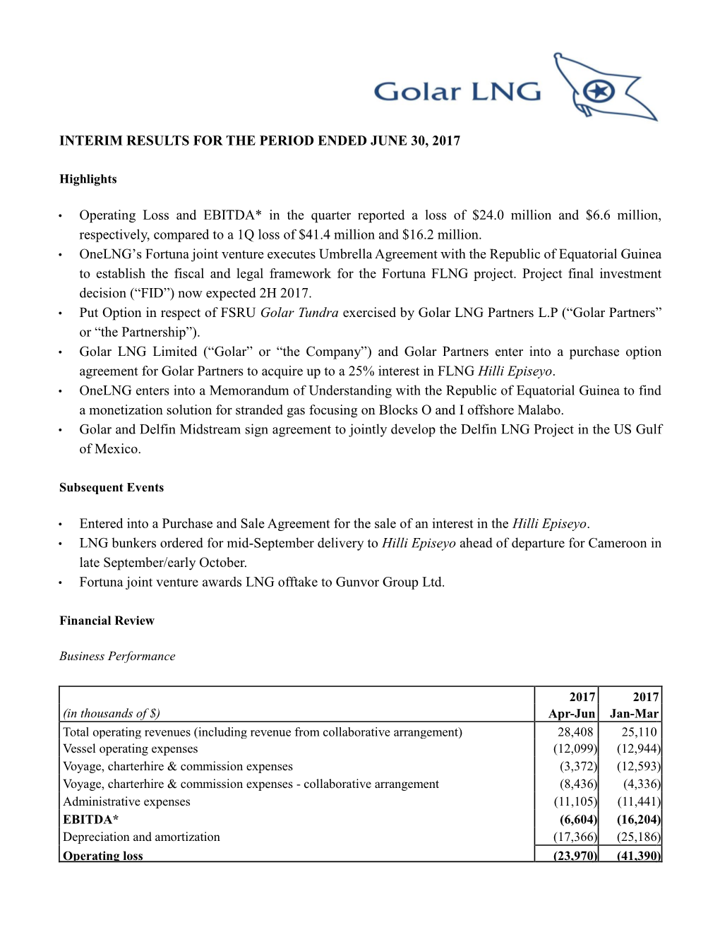 Interim Results for the Period Ended June 30, 2017