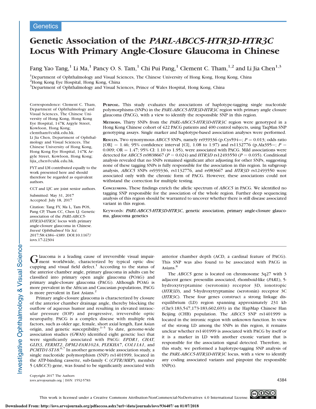 Genetic Association of the PARL-ABCC5-HTR3D-HTR3C Locus with Primary Angle-Closure Glaucoma in Chinese
